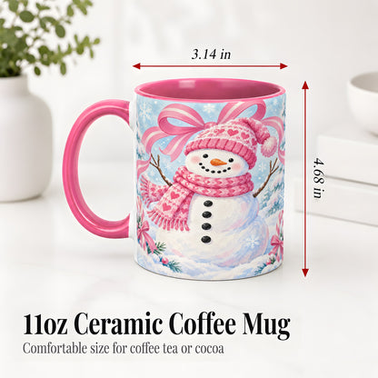#pl[11oz|Pink] Pink Snowman Christmas Ceramic Mug with Candy Cane Winter Artwork