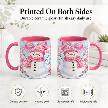 #pl[11oz|Pink] Pink Snowman Christmas Ceramic Mug with Candy Cane Winter Artwork