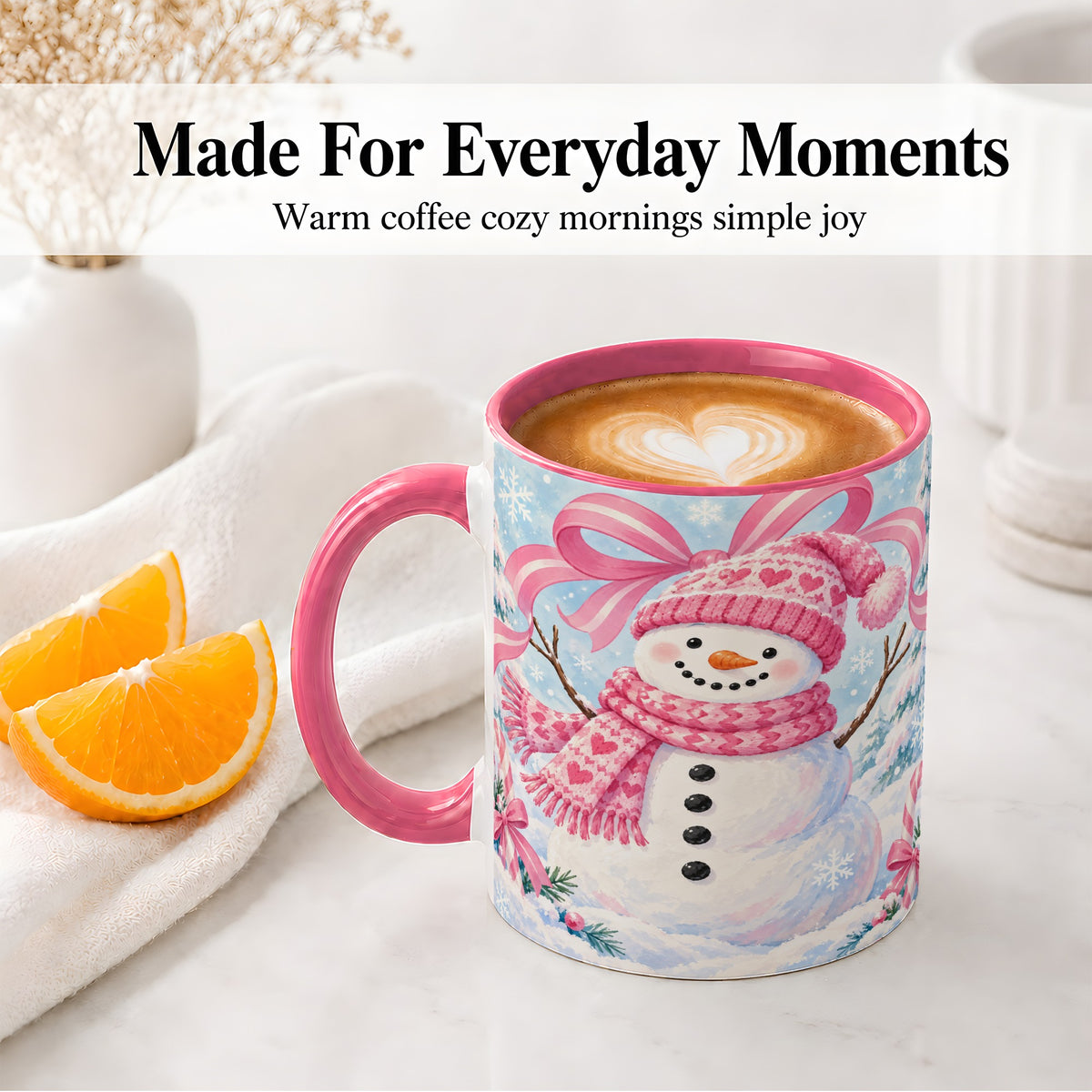 #pl[11oz|Pink] Pink Snowman Christmas Ceramic Mug with Candy Cane Winter Artwork
