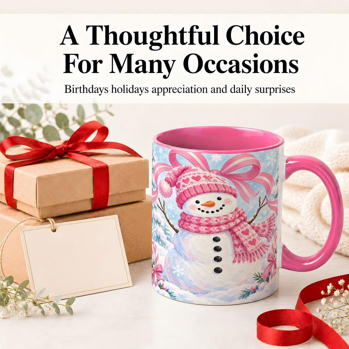 #pl[11oz|Pink] Pink Snowman Christmas Ceramic Mug with Candy Cane Winter Artwork