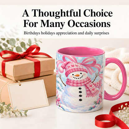 #pl[11oz|Pink] Pink Snowman Christmas Ceramic Mug with Candy Cane Winter Artwork