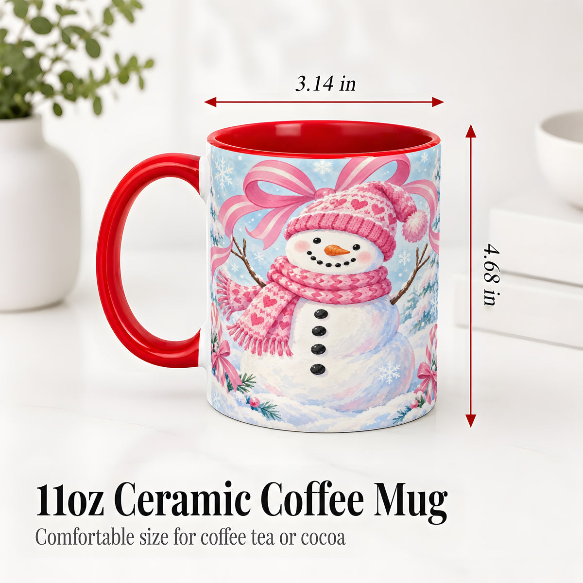 #pl[11oz|Red] Pink Snowman Christmas Ceramic Mug with Candy Cane Winter Artwork