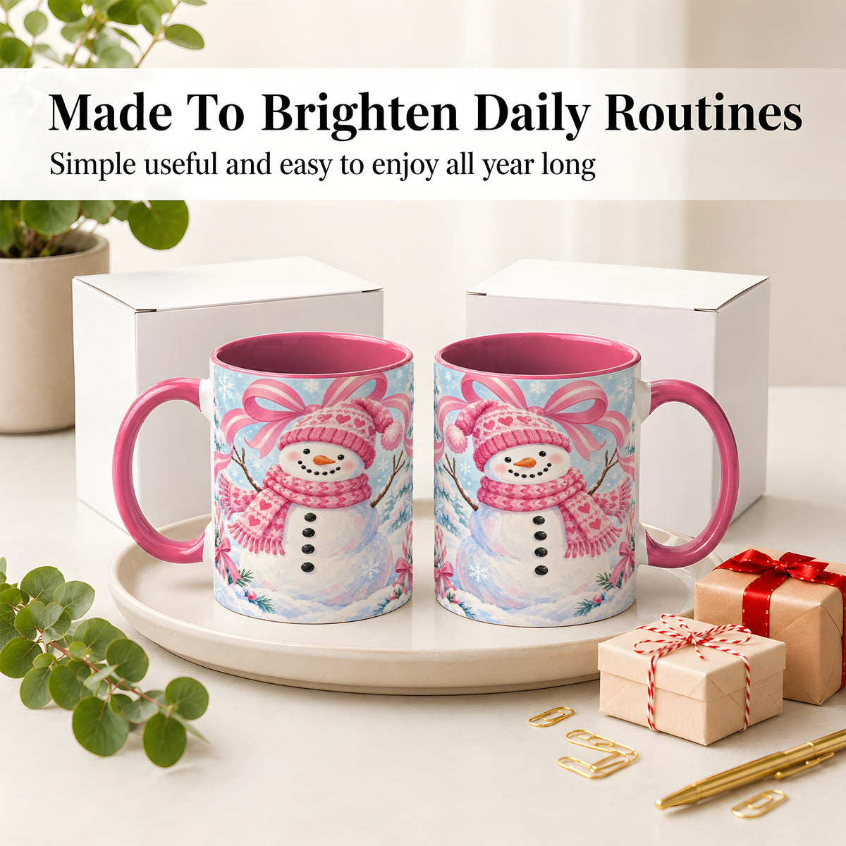 #pl[11oz|Pink] Pink Snowman Christmas Ceramic Mug with Candy Cane Winter Artwork