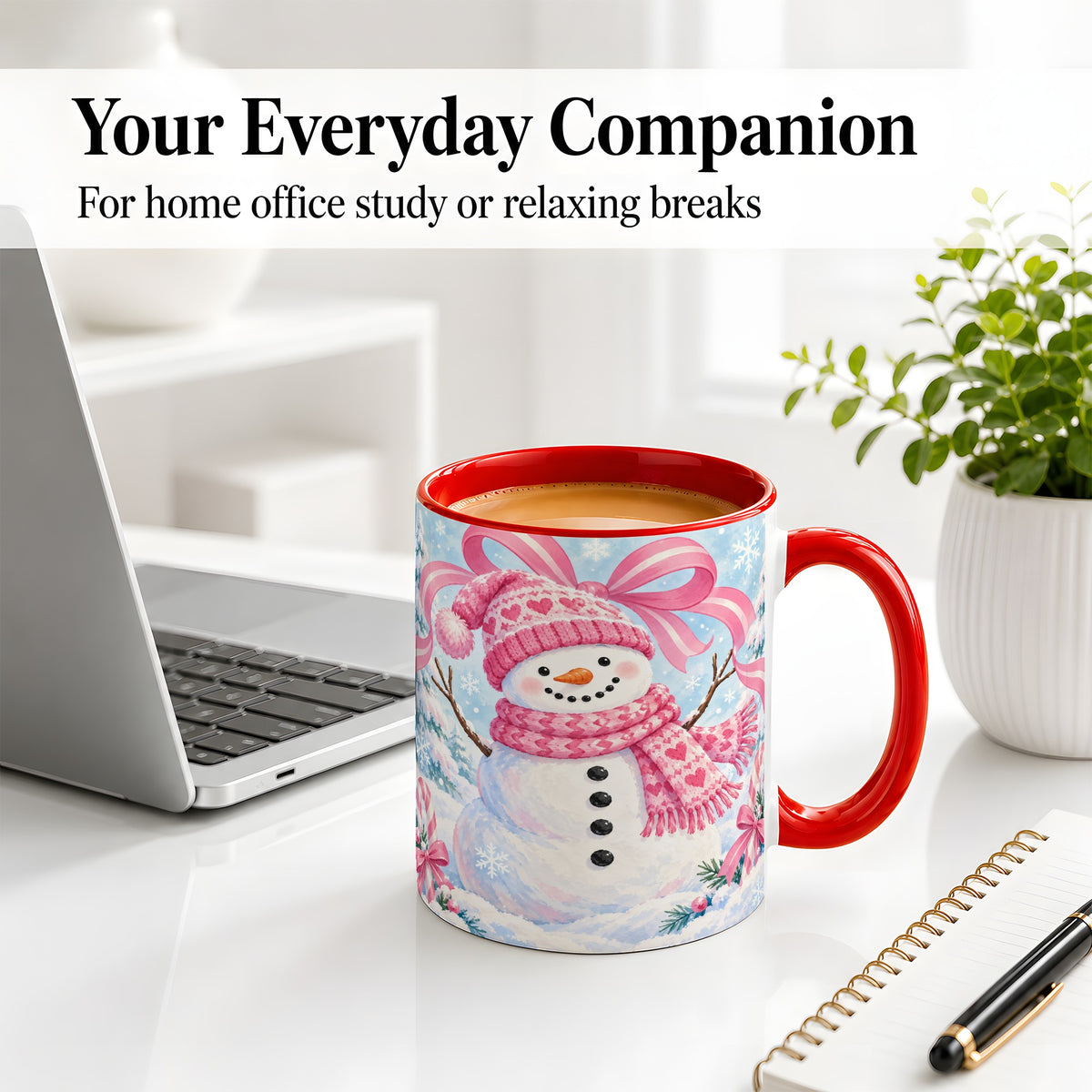 #pl[11oz|Red] Pink Snowman Christmas Ceramic Mug with Candy Cane Winter Artwork