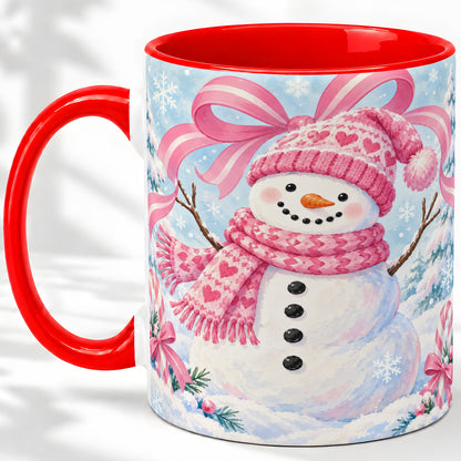 Pink Snowman Christmas Ceramic Mug with Candy Cane Winter Artwork
