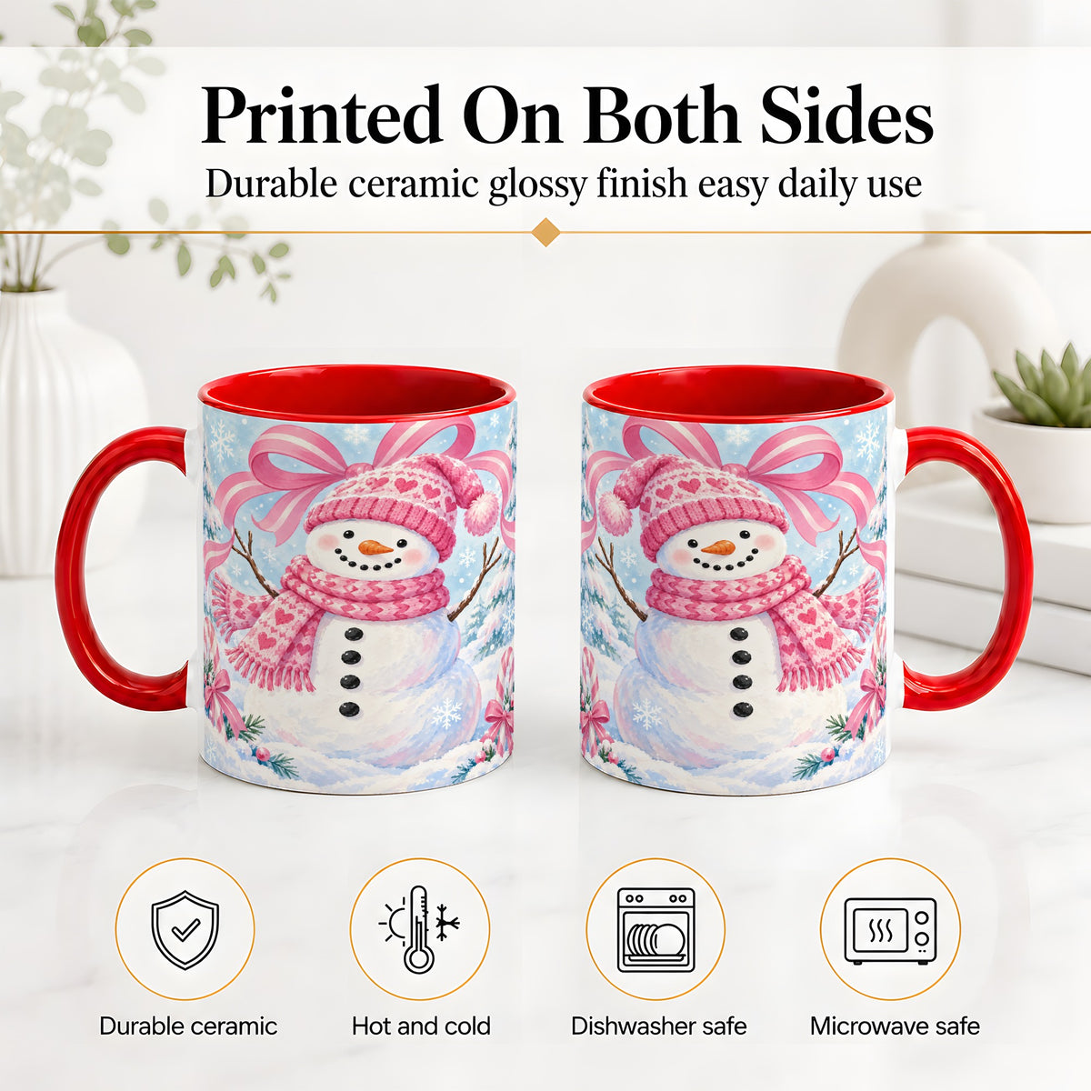 #pl[11oz|Red] Pink Snowman Christmas Ceramic Mug with Candy Cane Winter Artwork