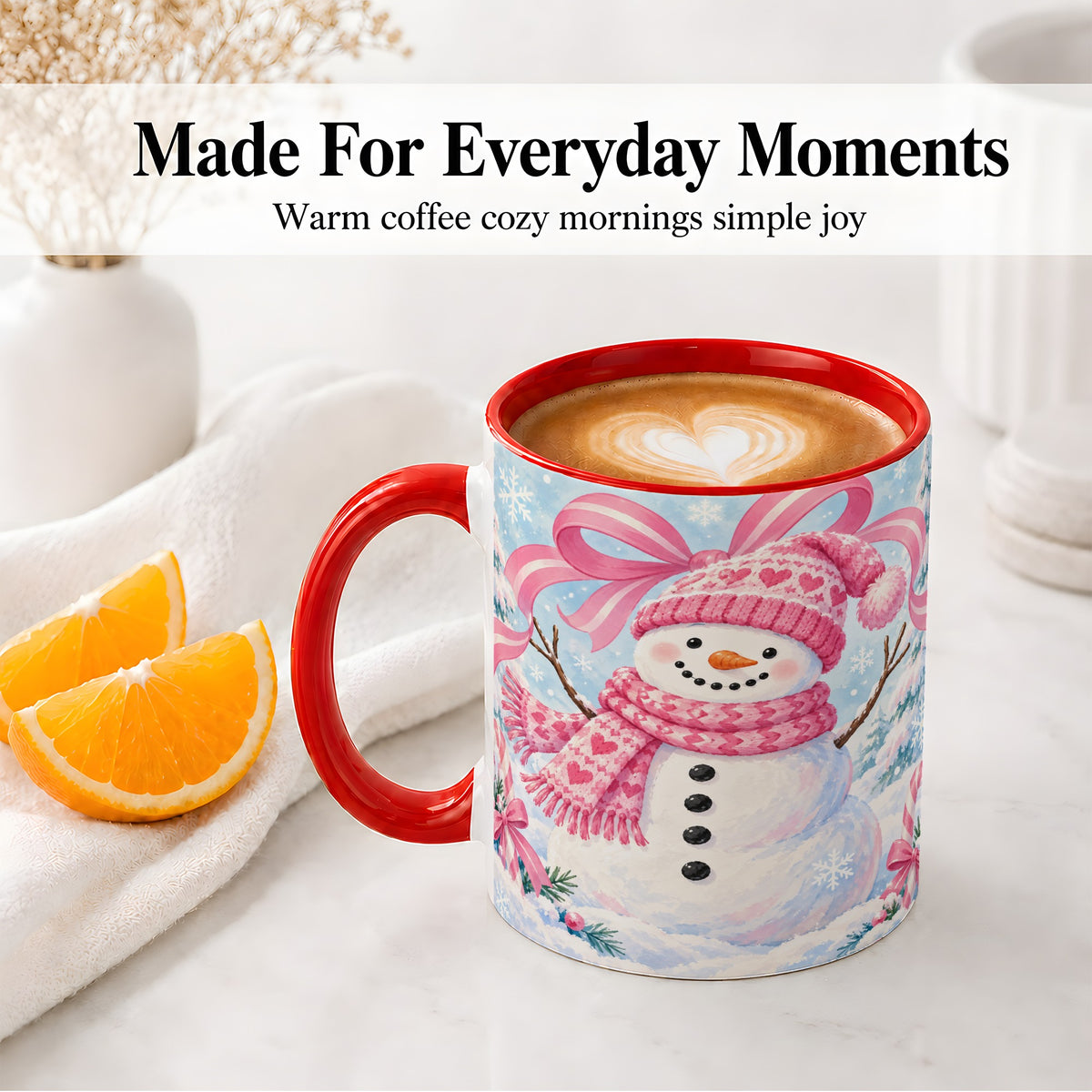 #pl[11oz|Red] Pink Snowman Christmas Ceramic Mug with Candy Cane Winter Artwork