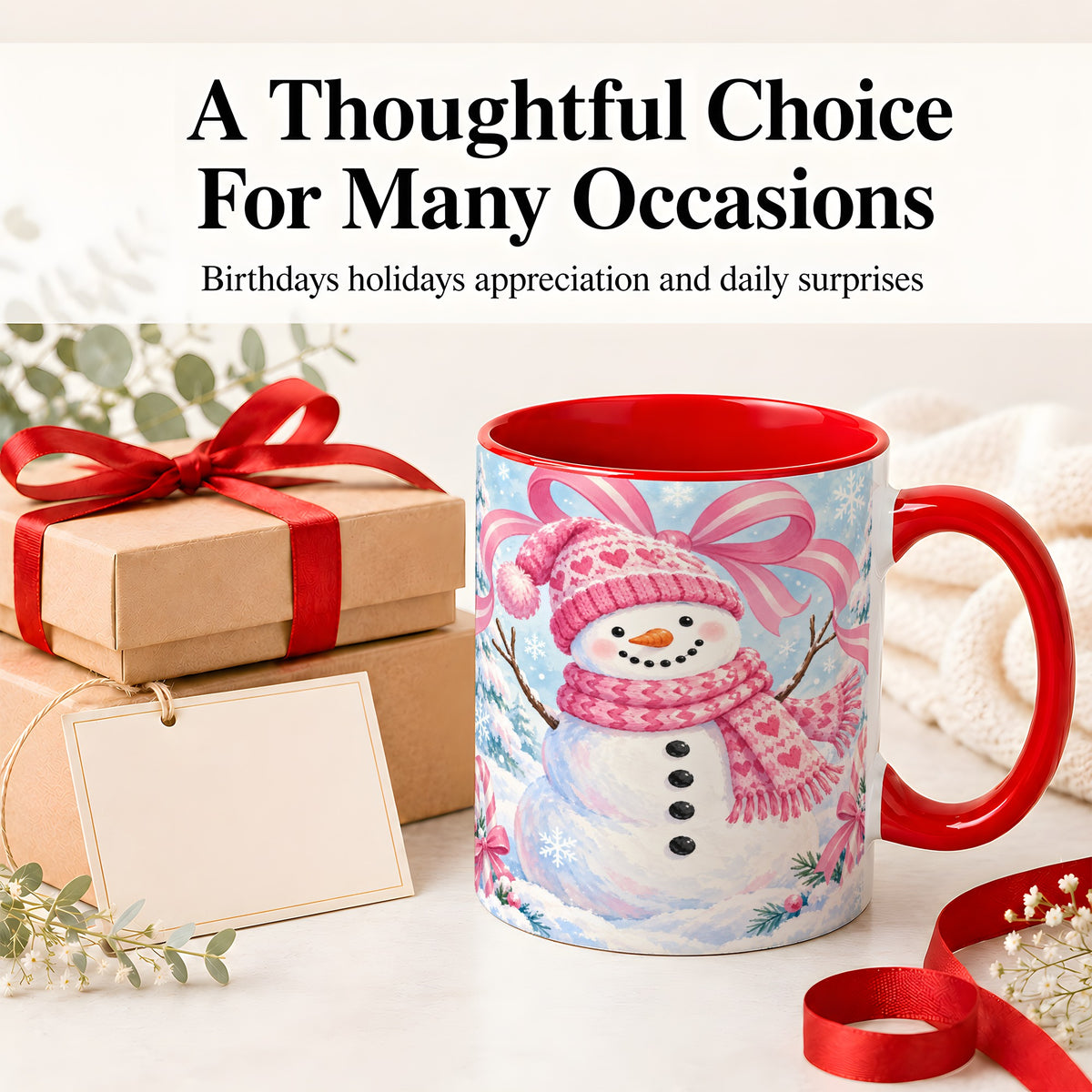 #pl[11oz|Red] Pink Snowman Christmas Ceramic Mug with Candy Cane Winter Artwork