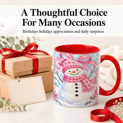 #pl[11oz|Red] Pink Snowman Christmas Ceramic Mug with Candy Cane Winter Artwork