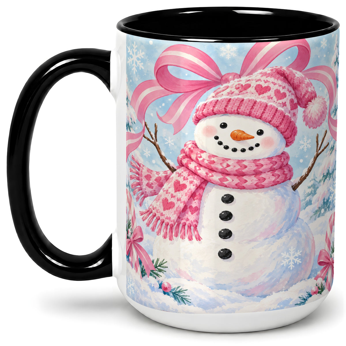 #pl[15oz|Black] Pink Snowman Christmas Ceramic Mug with Candy Cane Winter Artwork