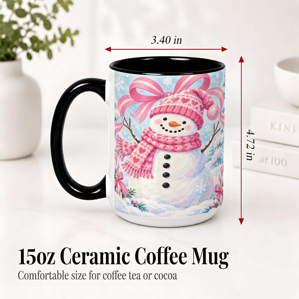 #pl[15oz|Black] Pink Snowman Christmas Ceramic Mug with Candy Cane Winter Artwork