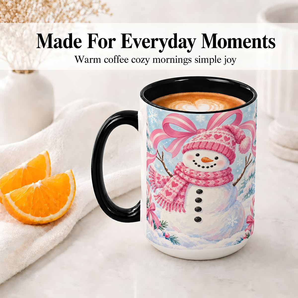 #pl[15oz|Black] Pink Snowman Christmas Ceramic Mug with Candy Cane Winter Artwork