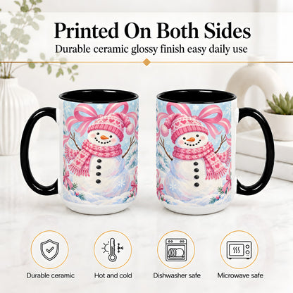#pl[15oz|Black] Pink Snowman Christmas Ceramic Mug with Candy Cane Winter Artwork