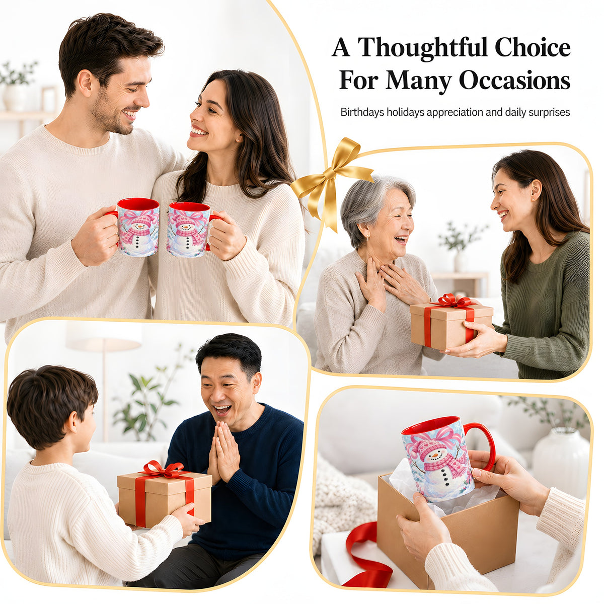 #pl[11oz|Red] Pink Snowman Christmas Ceramic Mug with Candy Cane Winter Artwork