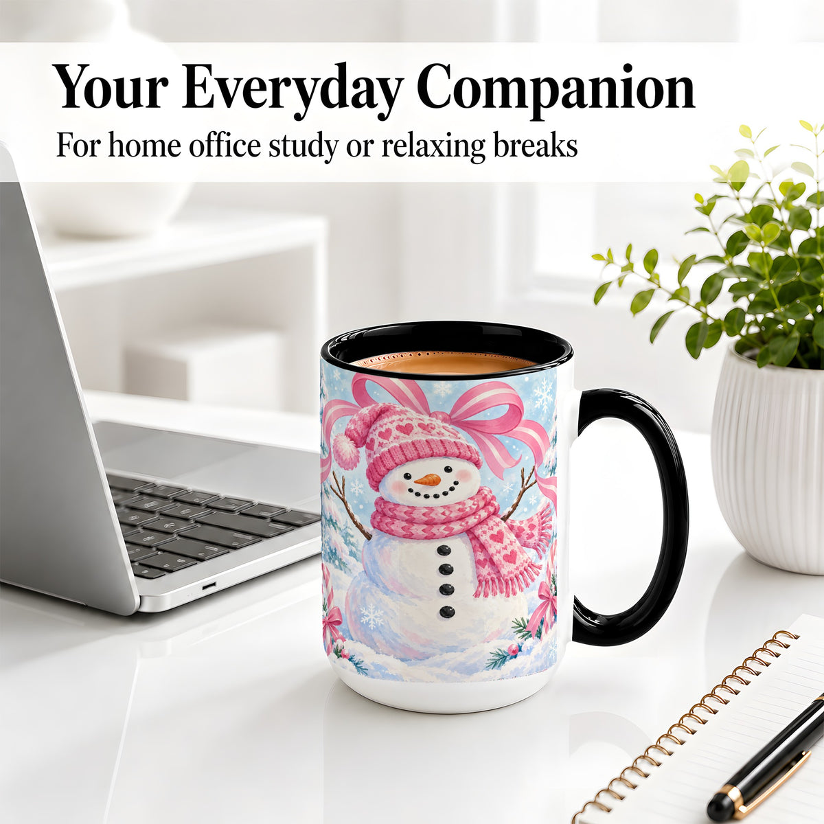 #pl[15oz|Black] Pink Snowman Christmas Ceramic Mug with Candy Cane Winter Artwork