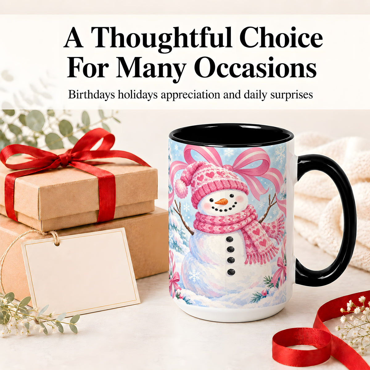 #pl[15oz|Black] Pink Snowman Christmas Ceramic Mug with Candy Cane Winter Artwork