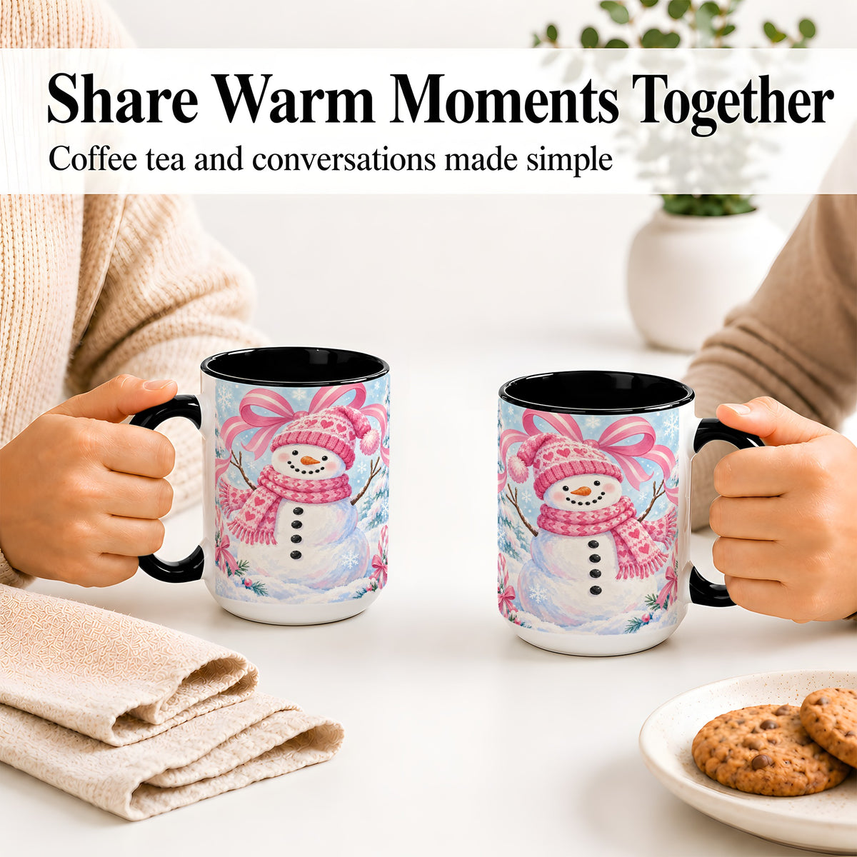 #pl[15oz|Black] Pink Snowman Christmas Ceramic Mug with Candy Cane Winter Artwork