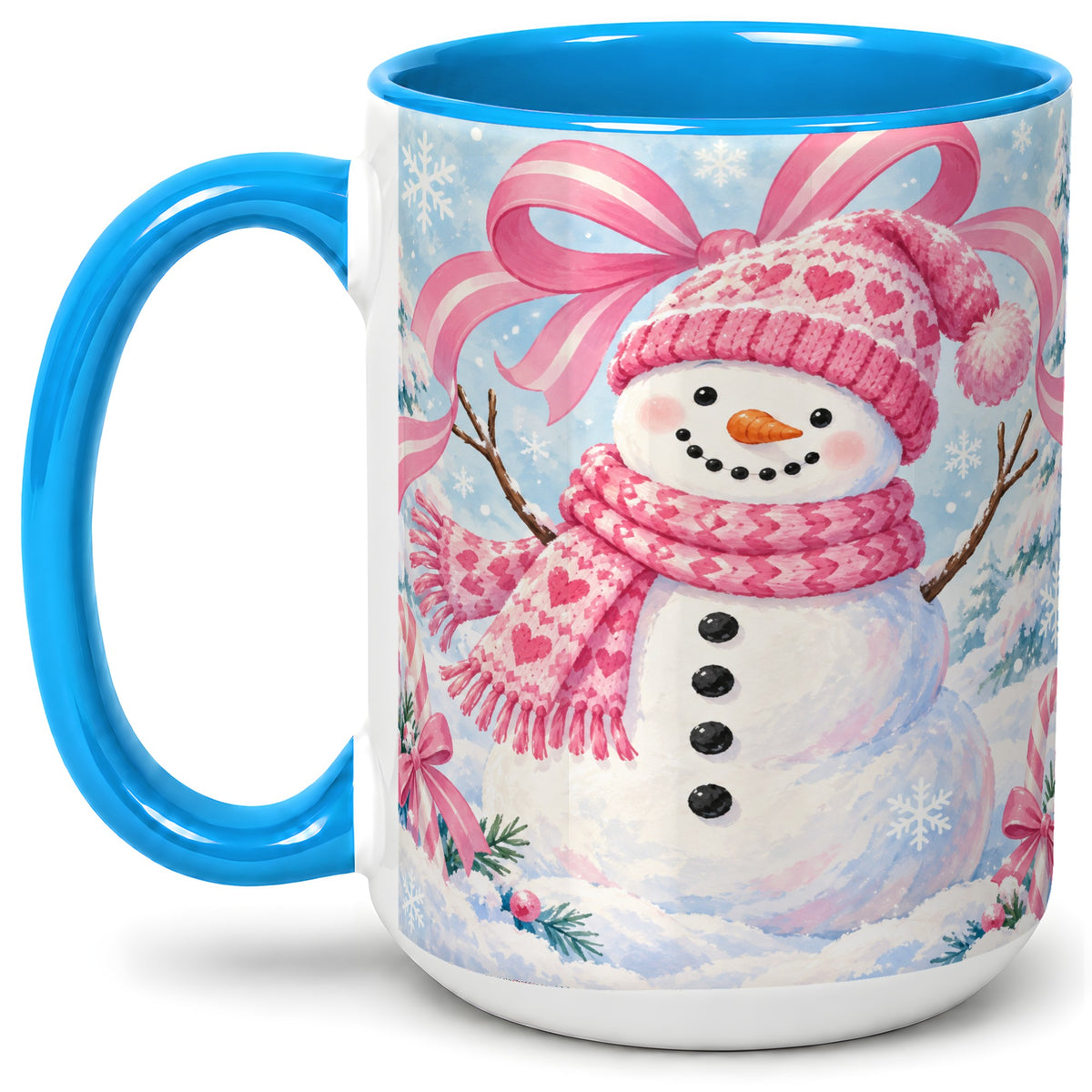 #pl[15oz|Blue] Pink Snowman Christmas Ceramic Mug with Candy Cane Winter Artwork
