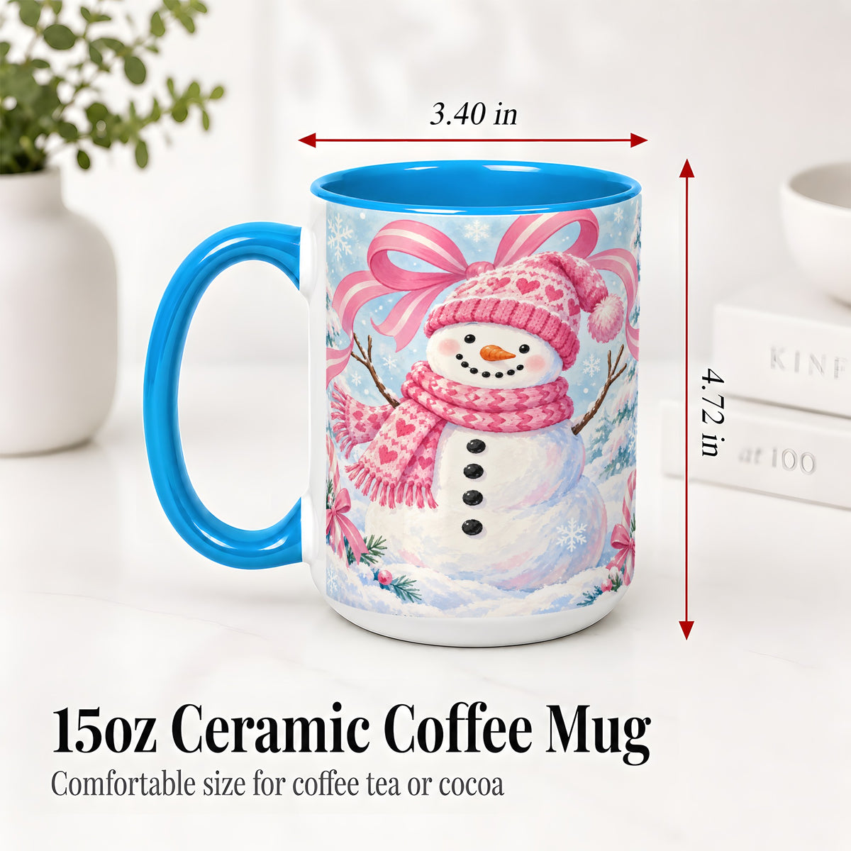 #pl[15oz|Blue] Pink Snowman Christmas Ceramic Mug with Candy Cane Winter Artwork