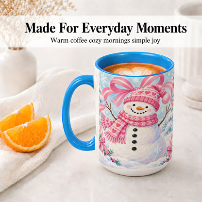 #pl[15oz|Blue] Pink Snowman Christmas Ceramic Mug with Candy Cane Winter Artwork