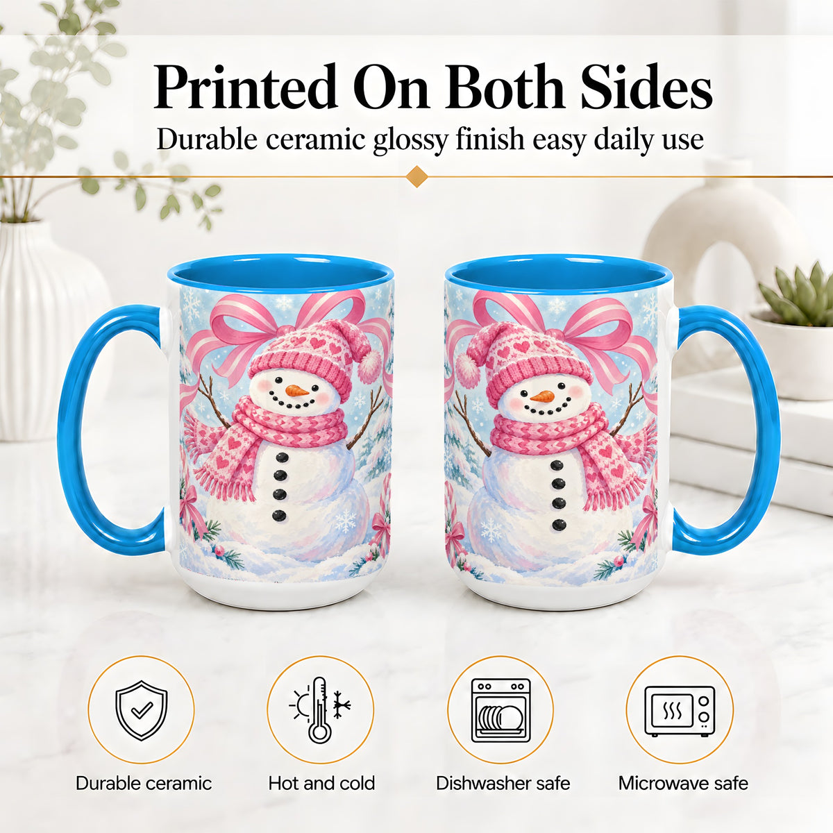 #pl[15oz|Blue] Pink Snowman Christmas Ceramic Mug with Candy Cane Winter Artwork