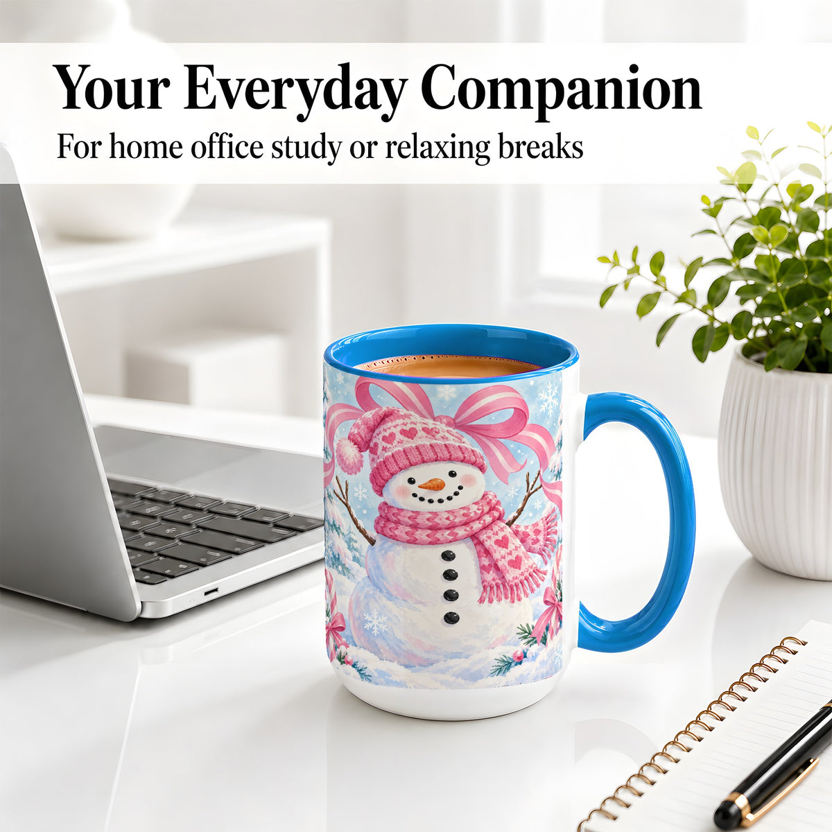 #pl[15oz|Blue] Pink Snowman Christmas Ceramic Mug with Candy Cane Winter Artwork