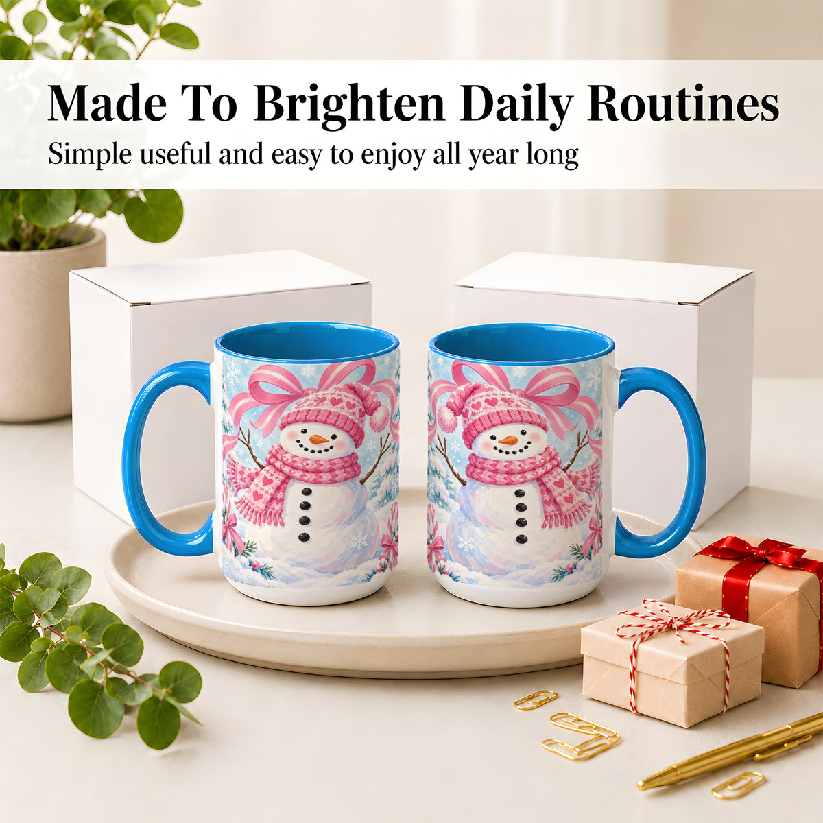 #pl[15oz|Blue] Pink Snowman Christmas Ceramic Mug with Candy Cane Winter Artwork