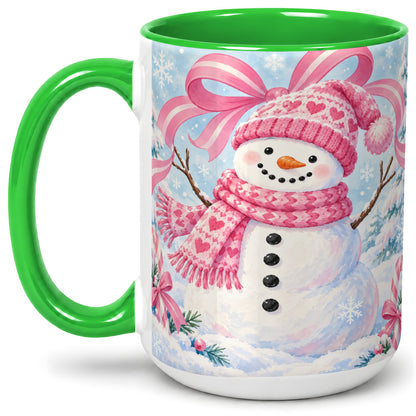 #pl[15oz|Green] Pink Snowman Christmas Ceramic Mug with Candy Cane Winter Artwork