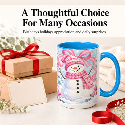#pl[15oz|Blue] Pink Snowman Christmas Ceramic Mug with Candy Cane Winter Artwork