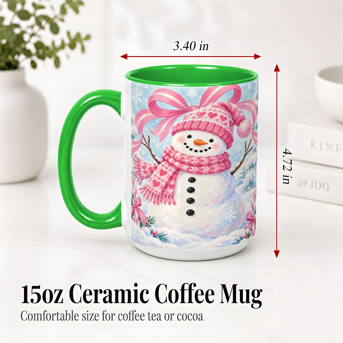 #pl[15oz|Green] Pink Snowman Christmas Ceramic Mug with Candy Cane Winter Artwork