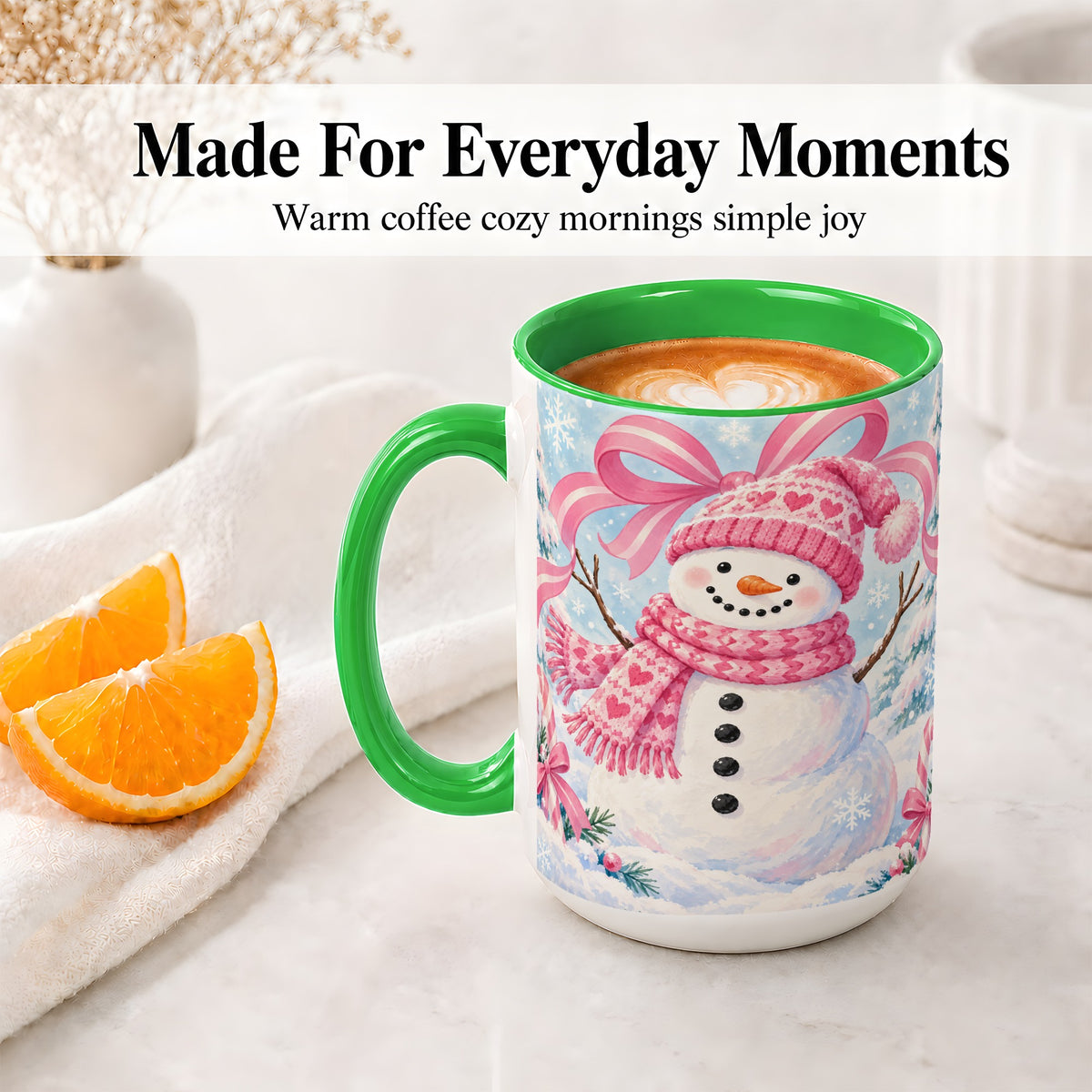 #pl[15oz|Green] Pink Snowman Christmas Ceramic Mug with Candy Cane Winter Artwork