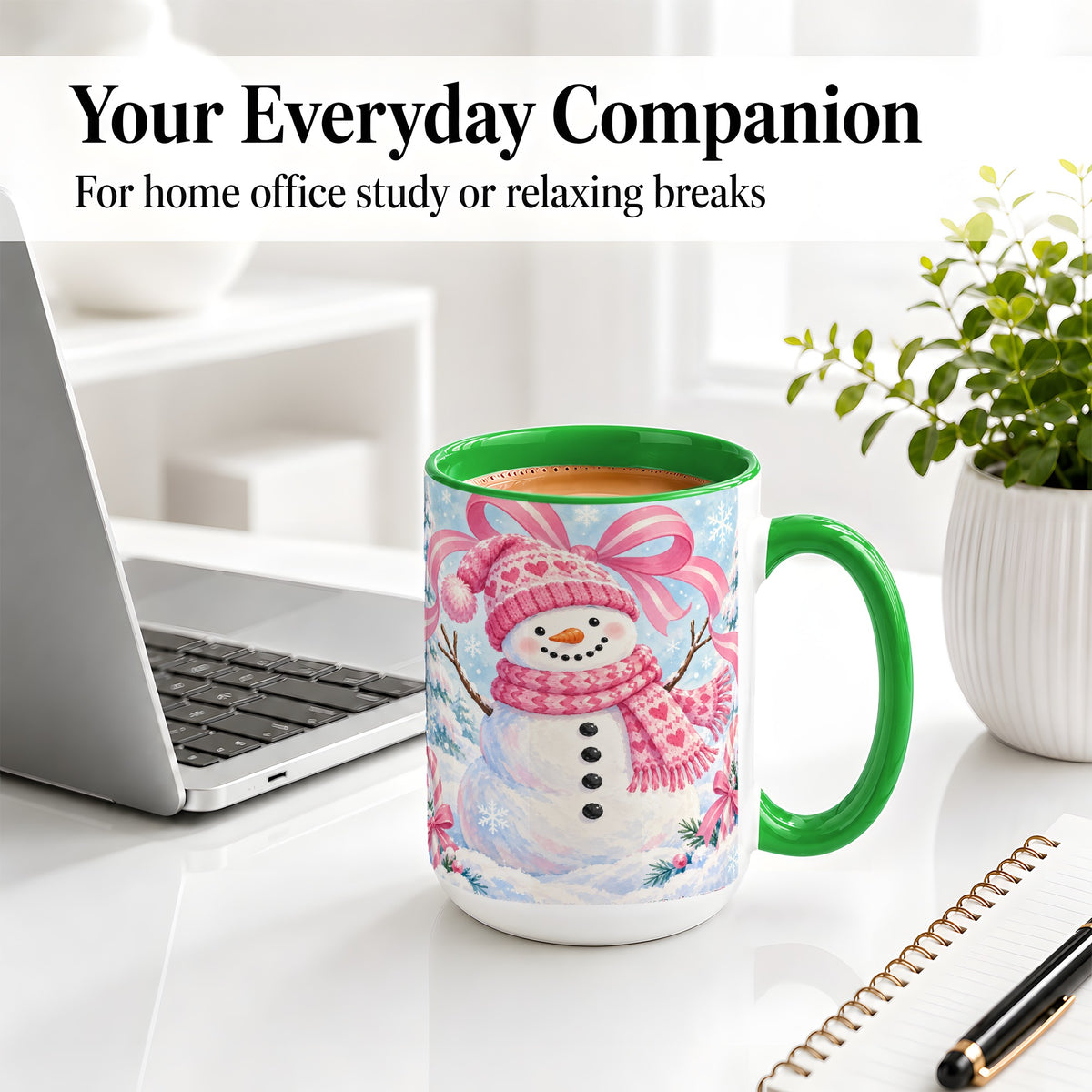 #pl[15oz|Green] Pink Snowman Christmas Ceramic Mug with Candy Cane Winter Artwork