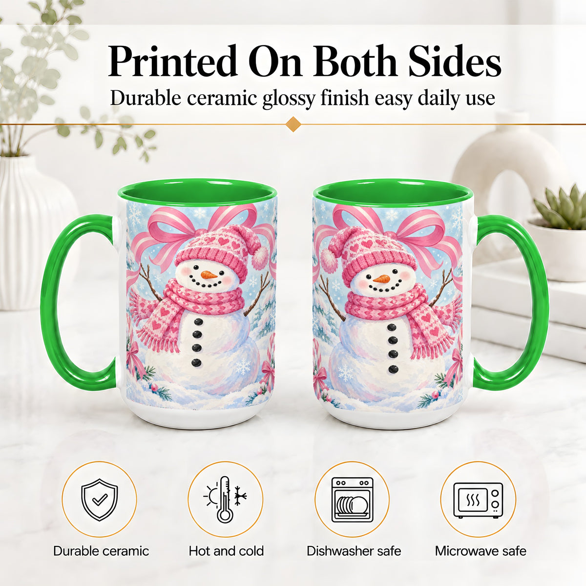 #pl[15oz|Green] Pink Snowman Christmas Ceramic Mug with Candy Cane Winter Artwork
