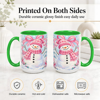 #pl[15oz|Green] Pink Snowman Christmas Ceramic Mug with Candy Cane Winter Artwork