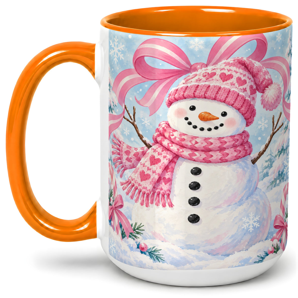 #pl[15oz|Orange] Pink Snowman Christmas Ceramic Mug with Candy Cane Winter Artwork