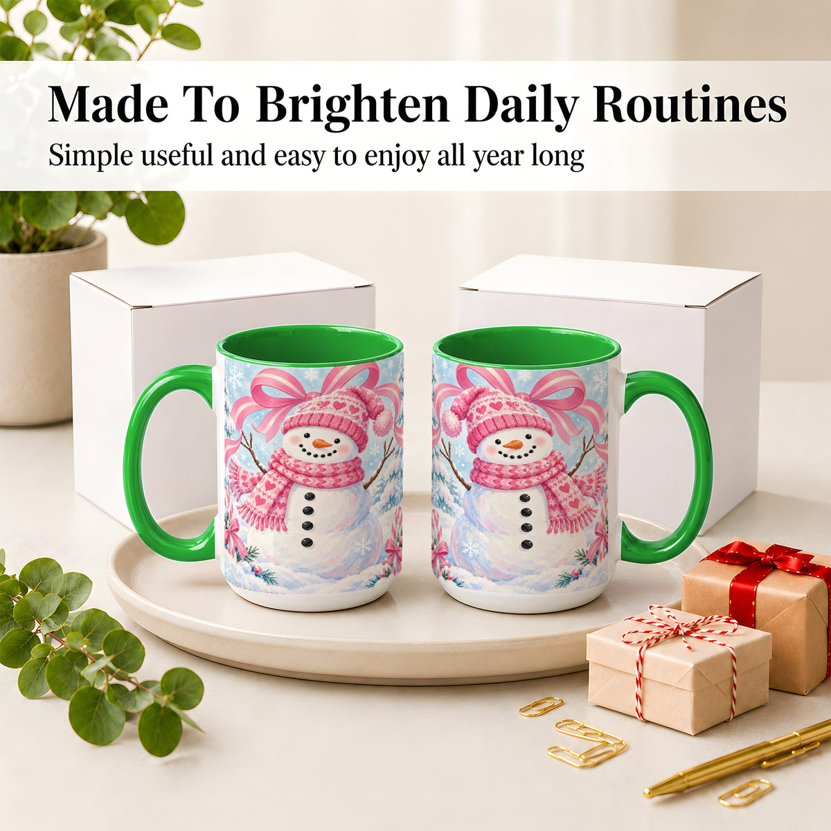 #pl[15oz|Green] Pink Snowman Christmas Ceramic Mug with Candy Cane Winter Artwork