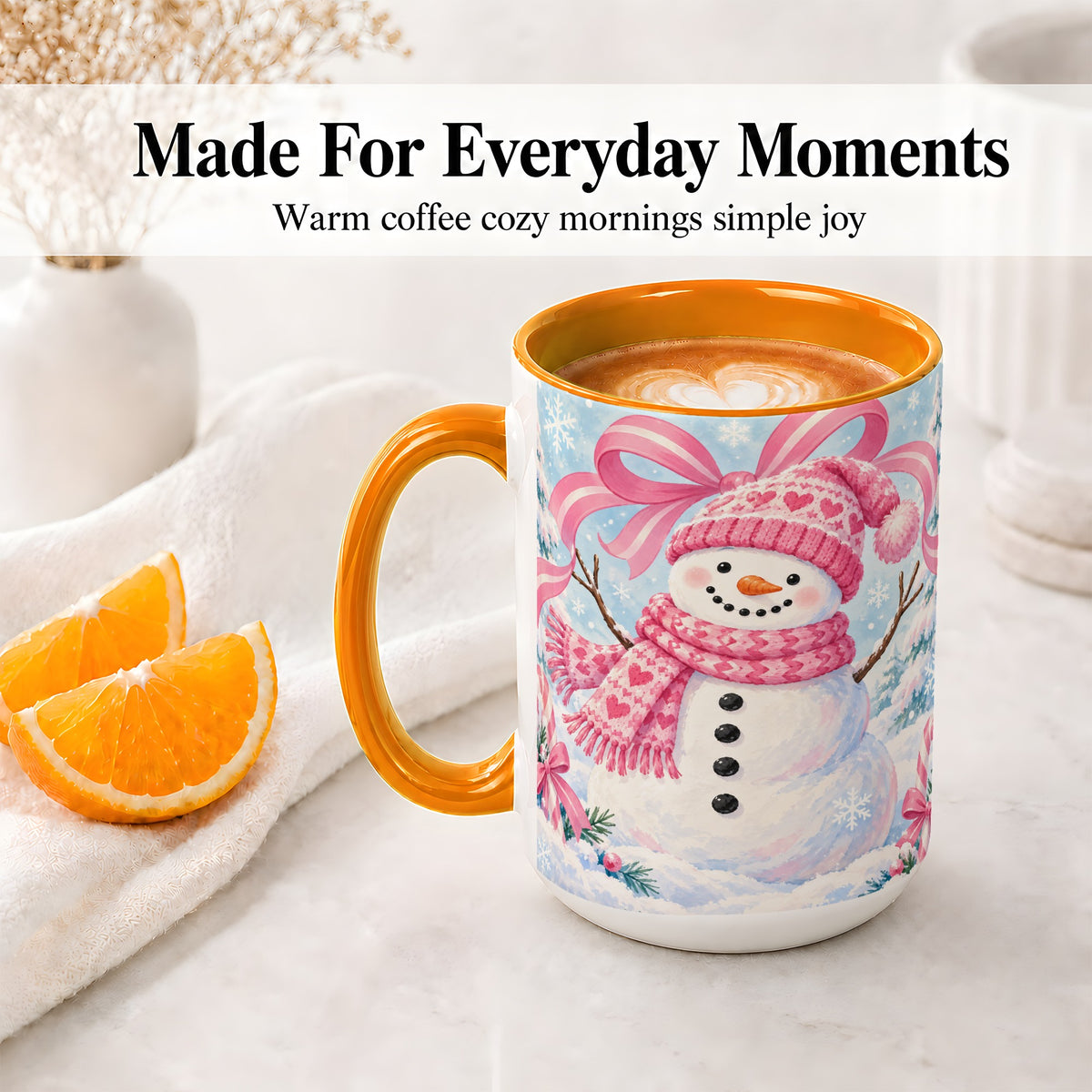 #pl[15oz|Orange] Pink Snowman Christmas Ceramic Mug with Candy Cane Winter Artwork