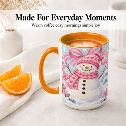 #pl[15oz|Orange] Pink Snowman Christmas Ceramic Mug with Candy Cane Winter Artwork