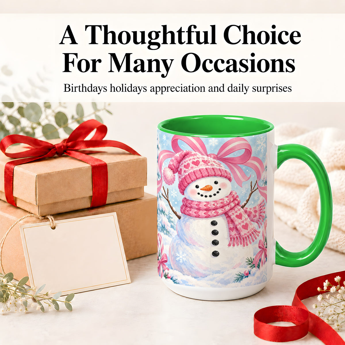 #pl[15oz|Green] Pink Snowman Christmas Ceramic Mug with Candy Cane Winter Artwork