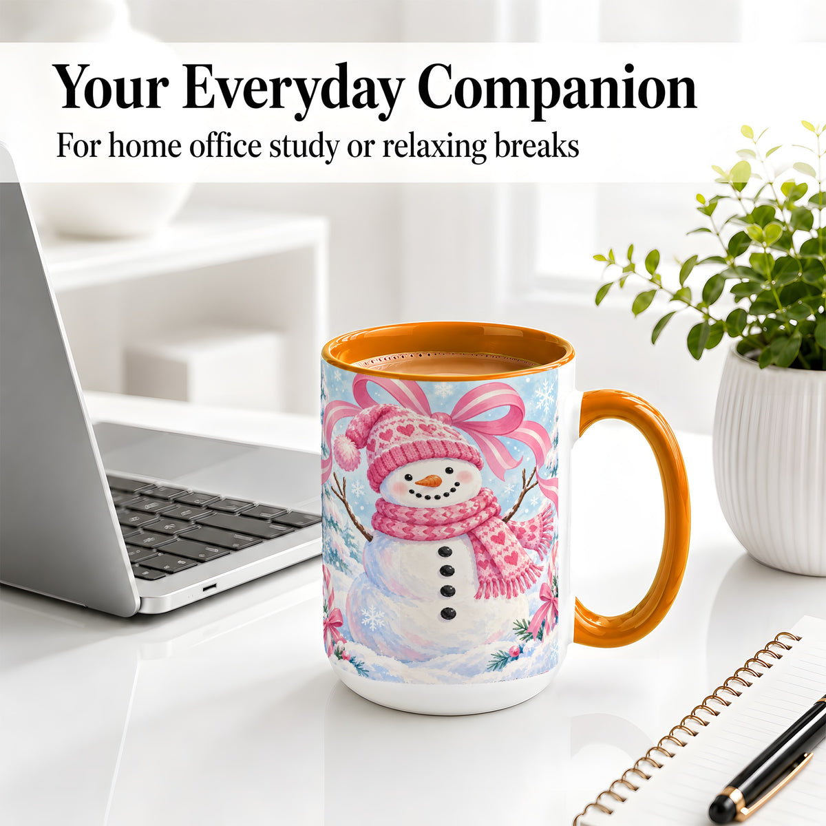 #pl[15oz|Orange] Pink Snowman Christmas Ceramic Mug with Candy Cane Winter Artwork