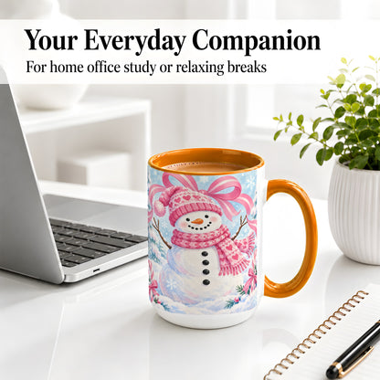 #pl[15oz|Orange] Pink Snowman Christmas Ceramic Mug with Candy Cane Winter Artwork