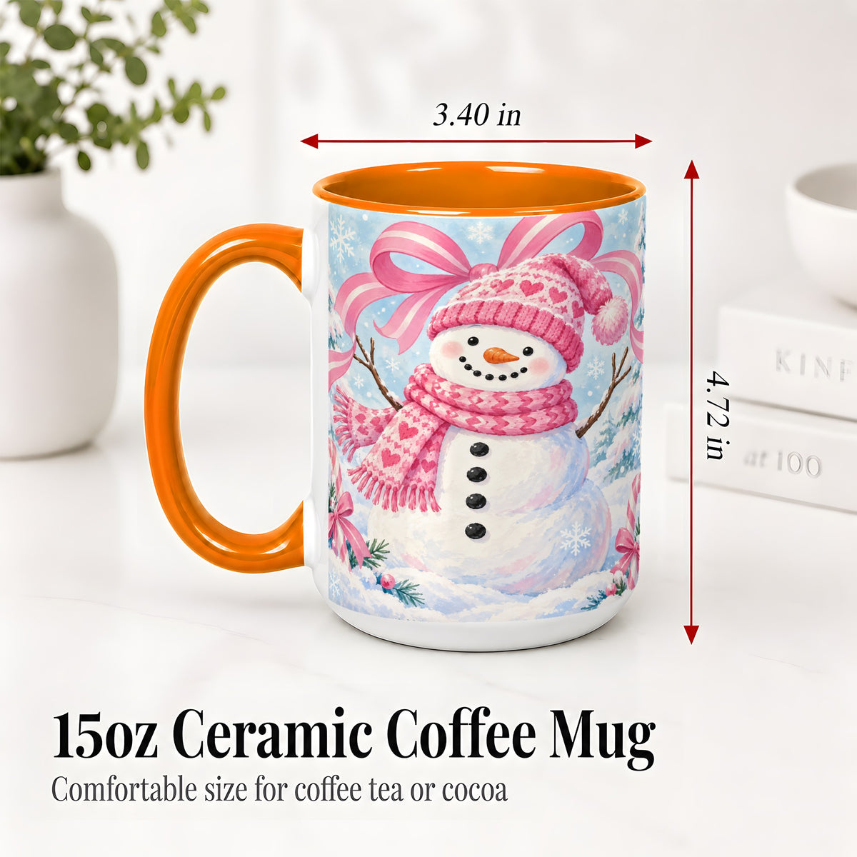 #pl[15oz|Orange] Pink Snowman Christmas Ceramic Mug with Candy Cane Winter Artwork