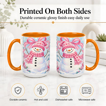 #pl[15oz|Orange] Pink Snowman Christmas Ceramic Mug with Candy Cane Winter Artwork