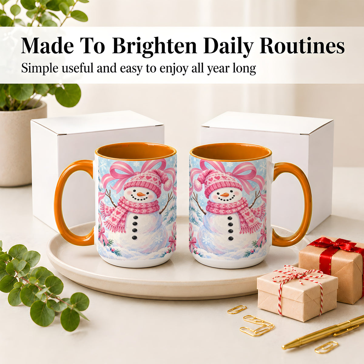 #pl[15oz|Orange] Pink Snowman Christmas Ceramic Mug with Candy Cane Winter Artwork