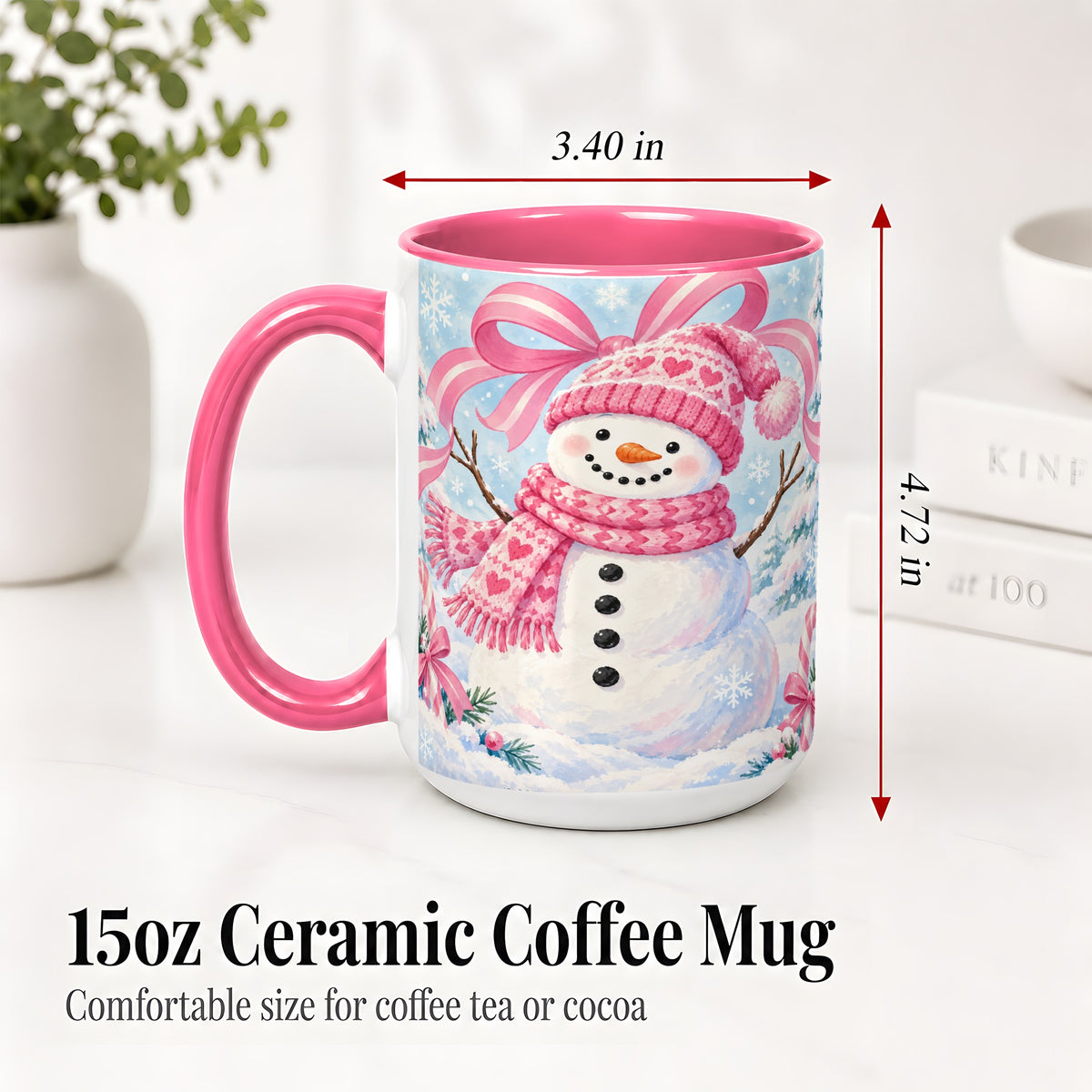 #pl[15oz|Pink] Pink Snowman Christmas Ceramic Mug with Candy Cane Winter Artwork
