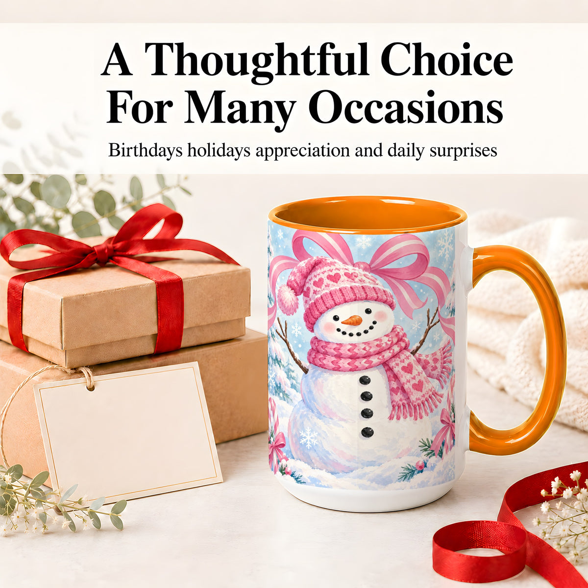 #pl[15oz|Orange] Pink Snowman Christmas Ceramic Mug with Candy Cane Winter Artwork