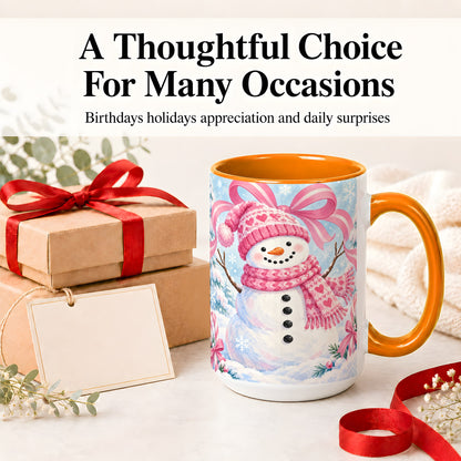 #pl[15oz|Orange] Pink Snowman Christmas Ceramic Mug with Candy Cane Winter Artwork