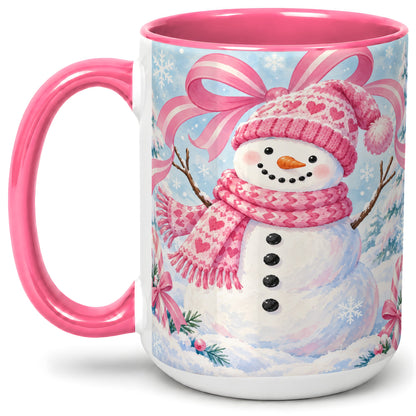 #pl[15oz|Pink] Pink Snowman Christmas Ceramic Mug with Candy Cane Winter Artwork
