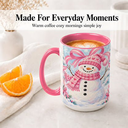 #pl[15oz|Pink] Pink Snowman Christmas Ceramic Mug with Candy Cane Winter Artwork