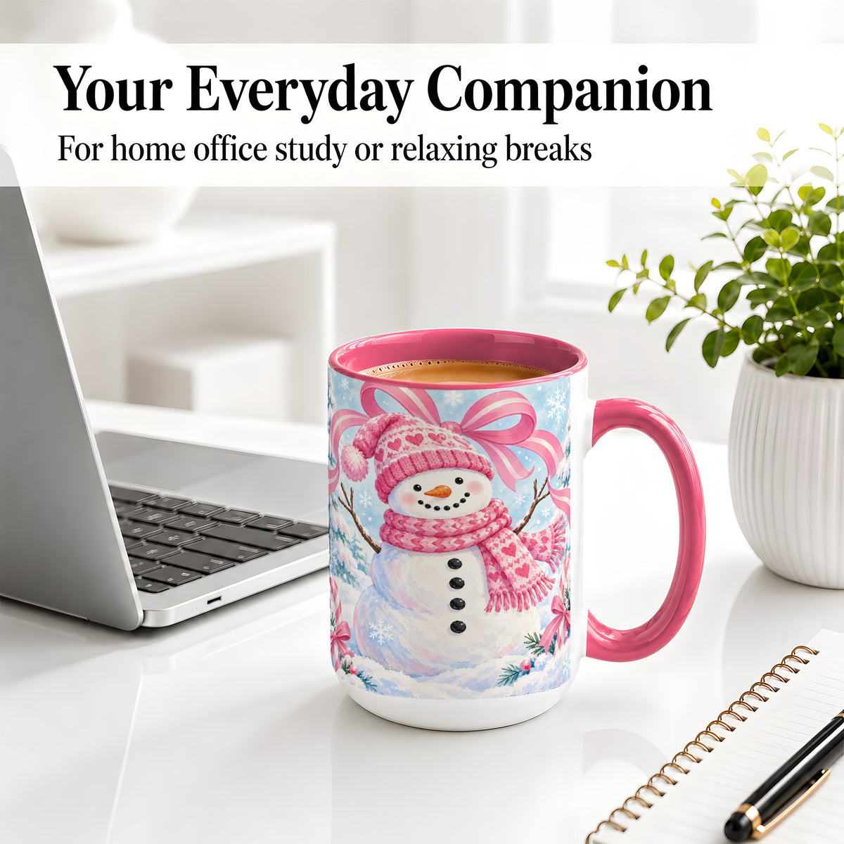 #pl[15oz|Pink] Pink Snowman Christmas Ceramic Mug with Candy Cane Winter Artwork